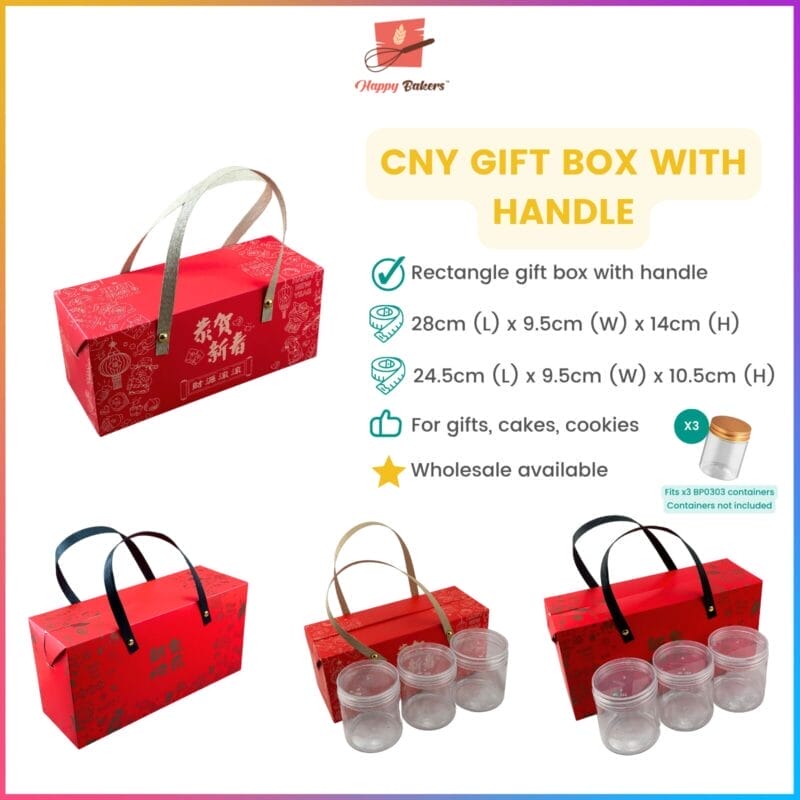 happy cny fortune gift box Red rectangular gift box with handle for occasions.