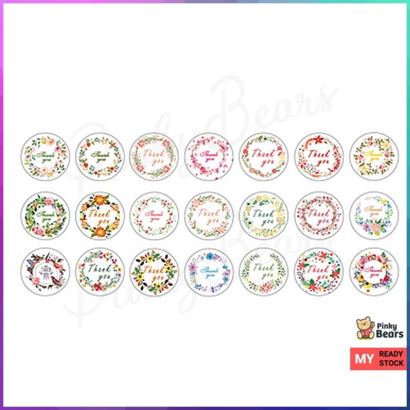 Assorted Flower Design Thank You Round Stickers