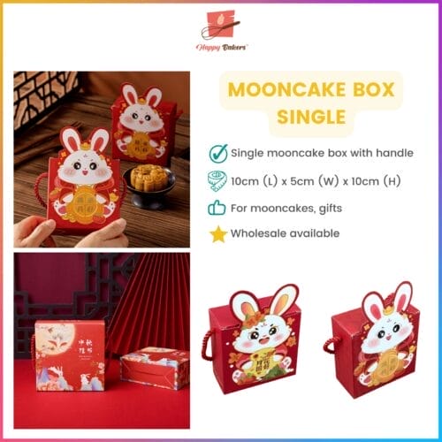 Red mooncake box with bunny design and handle.