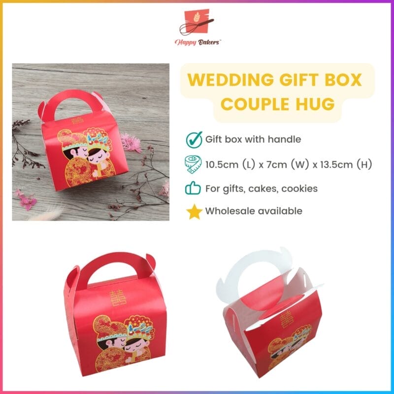 Red wedding gift box with handle and couple design.