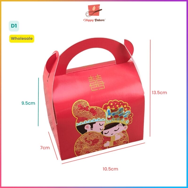 Red decorative takeout box with handle and design