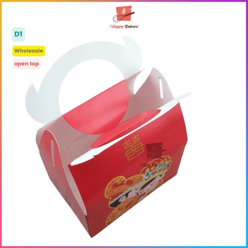 Red open top takeaway box for bakery items.