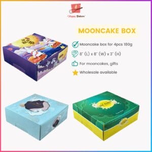 Decorative mooncake boxes in various colors and designs.