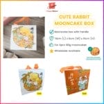 Cute rabbit mooncake box with handle and dimensions.