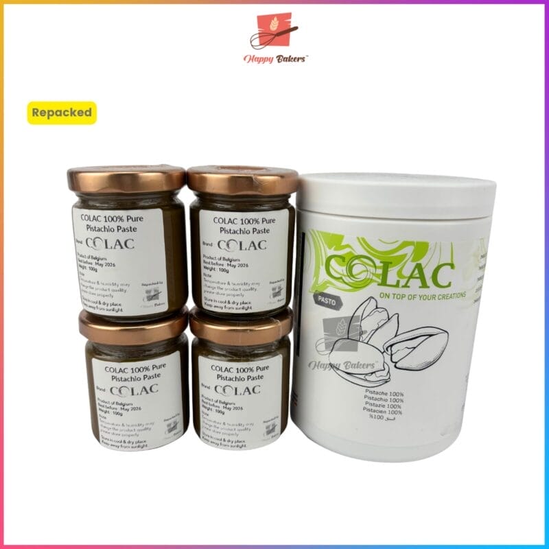 Four jars and one container of pistachio paste.