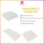 Transparent 8-inch square tray for cakes and gifts.