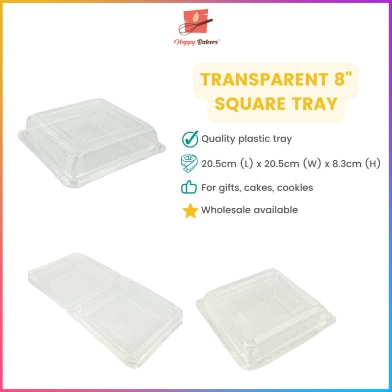 Transparent 8-inch square tray for cakes and gifts.